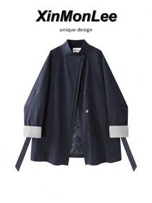 American Style Stand Collar Single-Breasted Button Coat Jacket, College Vacation Daily Spring Autumn Casual Travel - Navy Blue - View 1