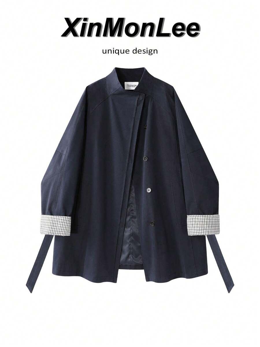 American Style Stand Collar Single-Breasted Button Coat Jacket, College Vacation Daily Spring Autumn Casual Travel - Navy Blue - View 1