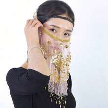 1件女款肚皮舞面紗，精緻珠飾亮片肚皮舞配件 - 彩色 - 查看 2
