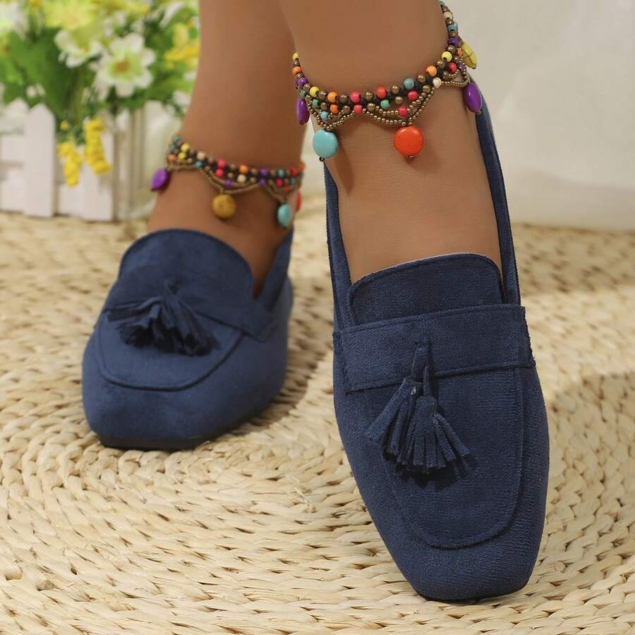 Women's Tassel Decor Solid Color Square Toe Low-Top Chunky Heel Loafers Bohemian Style Daily Outing Spring Royal Blue Suede Shoes - Blue - View 1