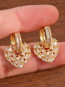 1 Pair Elegant Cubic Zirconia Heart-Shaped Earrings, Suitable For Women, Suitable For Weddings, Engagements, Anniversaries, Parties, Mother's Day Gift - Multicolor - View 3