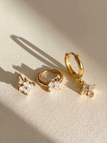 3pcs/Set Women's Lucky Zirconia Earrings Set, Light Luxury Minimalist Hoop & Stud Earrings, European & American Style Layered Earrings - Gold - View 3