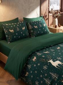 2/3件組聖誕綠色雪花麋鹿圖案被套床品套裝，柔軟透氣、抗皺，提升睡眠品質，送給父母與朋友的禮物，包含1件被套 + 1/2件枕套，宿舍床品 - 綠色 - 查看 4