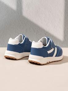 Blue And White Color Block Striped Hook And Loop Round Toe Casual Sports Shoes, Toddler Boys Running Shoes, Suitable For Daily Outdoor Walking - Blue - View 6