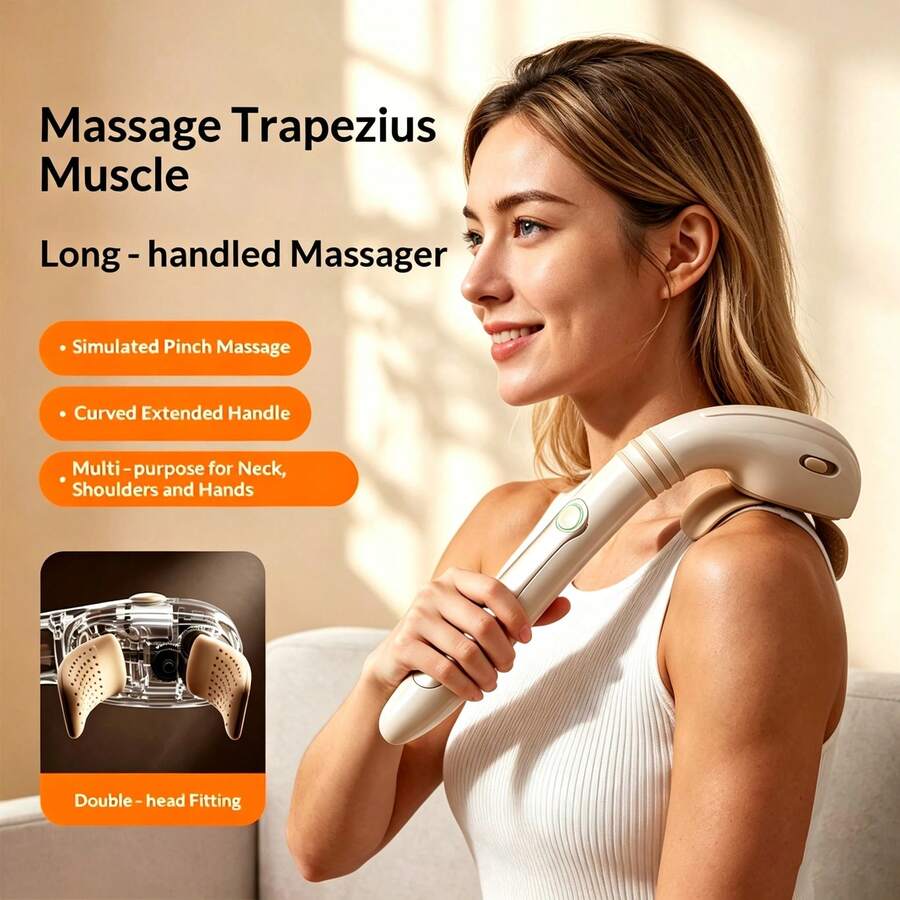 Long Handle Handheld Massager, Shoulder And Neck Kneading Design, Ergonomic Portable Model, Home And Office Muscle Relaxation Essential, 3000mAh