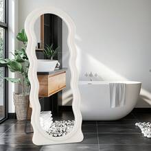 Long Wavy Mirror With Flannel Frame, Elegant Irregular Makeup Mirror, Suitable For Bedroom, Living Room, Dressing Room Or Bathroom Decoration, Can Be Hung Or Rested - White - View 5