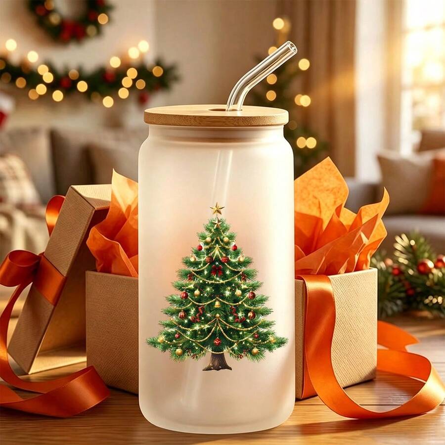 16oz Christmas Tree Pattern Glass Cup With Lid And Straw, Reusable Glass Water Cup, High-Quality Glass Jar Design, Suitable For Iced Coffee, Beer, Juice, Milk, Cold Drinks, Fashionable Glassware. Perfect Gift For Holiday Lovers - Multicolor - View 1