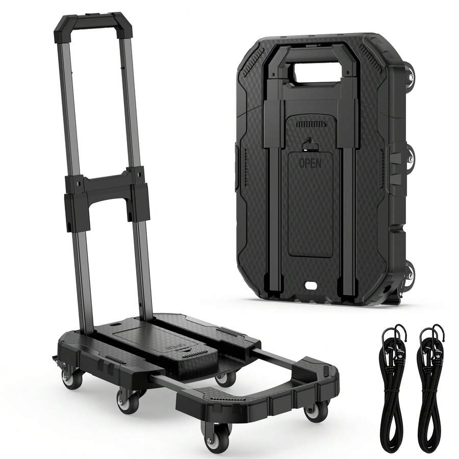 550 Lbs Capacity Hand Cart, 6-Wheel Folding Trolley, Compact And Durable, Suitable For Moving, Shopping, Travel, Stall, With 2 Elastic Ropes For Item Transport