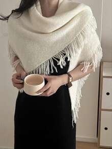 1pc Light Beige Triangle Shawl Scarf, Women's Knitted Tassel Shawl, Soft And Comfortable Women's Shoulder Wrap - Beige - View 4
