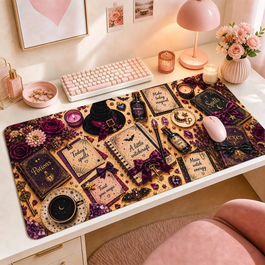 1pc Witchy Desk Mat, Bookish Halloween Desk Pad, Spells Potions & Hexes Witch Decor, Cozy Witch Office Accessory 3 Sizes Available - View 1