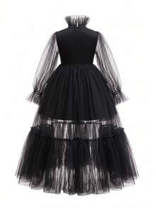 Tween Girl Black High Neck Mesh Patchwork Formal Dress, Suitable For Flower Girl Wedding, Birthday Party Princess Dress, Elegant Dress For Girls - Black - View 5