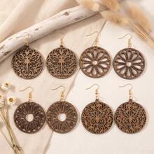 4 Pairs Vintage Bohemian Water Drop Carved Rose Leaf Floral Design Wooden Dangle Earrings Set - Earrings - View 4