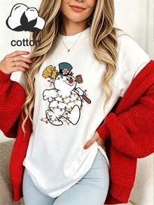 Women's Plus Size Snowman Christmas Lights Pattern Print Casual Fall Winter Long Sleeve T-Shirt Top - White - View 7