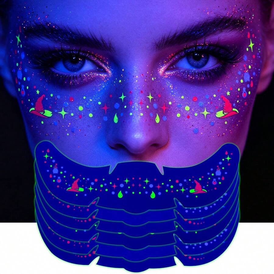 6 Sheets Glow In The Dark Freckle Face Stickers - UV Blacklight Fluorescent Witch Hat Bat Spider Web Temporary Tattoos , Festival, Halloween Party Makeup