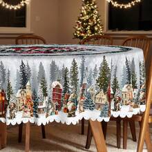 1pc Christmas Theme Party Tablecloth, Bell Christmas Tree And Santa Claus Winter Snow Scene Pattern Round Tablecloth, Suitable For Picnic, Dinner, Kitchen, Dining Room Decoration - A - View 4
