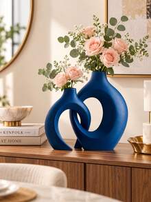 Blue Anti-Flower Vase For Modern Home Decor - Matte "Embrace" Shaped Hollow Vase (2pcs Set), Suitable For Dining Table Center, Office Bookshelf Or Living Room - Multicolor - View 5