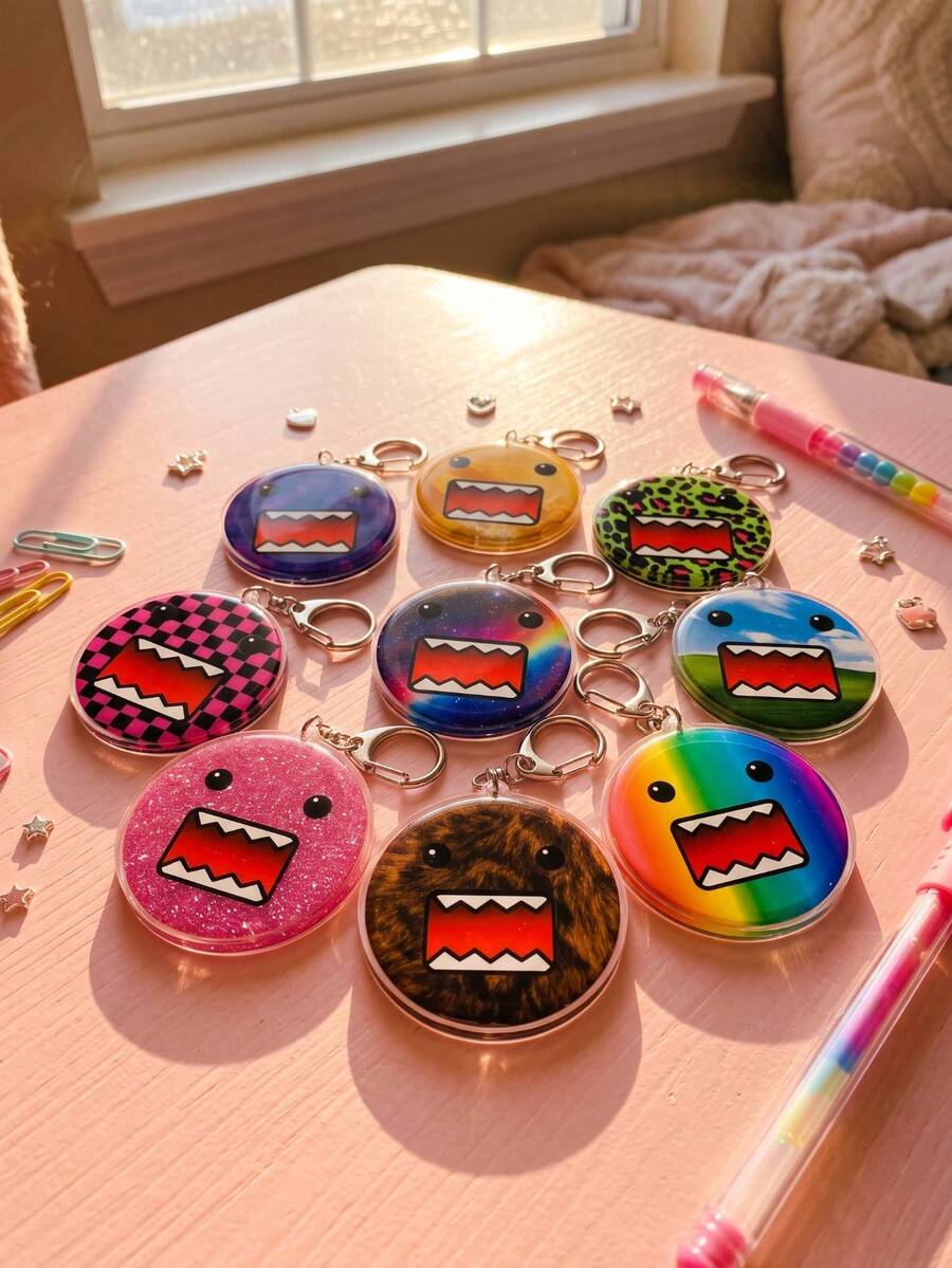 1Pc/9Pcs Domo-Kun Classic Anime Character Theme Multi-Color Textured Round Acrylic Keychains, Including Blue Pixel, Yellow Abstract, Green Leopard Print, Pink Checkerboard, Galaxy Starry Sky, Classic Landscape, Pink Glitter, Brown Fuzzy And Rainbow Gradient Designs, Fashionable Bag Charms, Suitable For Fan Gifts, Cute Collectibles, All Seasons - Multicolor - View 1