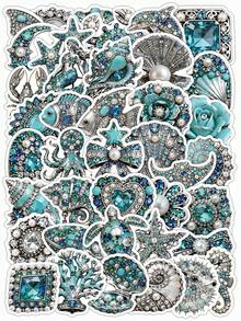 54 Pcs Aesthetic Printed Ocean Jewel Vinyl Stickers, Sea Life Rhinestone Pattern Waterproof Decals, Journaling Sticker Set For Scrapbooks Water Bottles Phone Cases For Coastal Beach Lovers - Ocean Decor - View 1