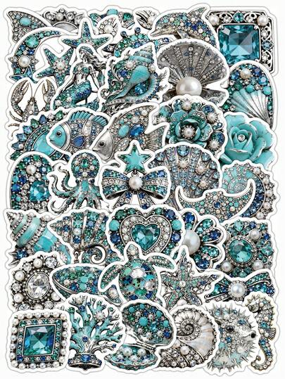 54 Pcs Aesthetic Printed Ocean Jewel Vinyl Stickers, Sea Life Rhinestone Pattern Waterproof Decals, Journaling Sticker Set For Scrapbooks Water Bottles Phone Cases For Coastal Beach Lovers