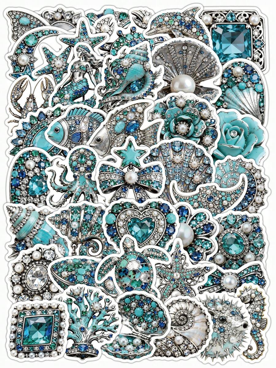 54 Pcs Aesthetic Printed Ocean Jewel Vinyl Stickers, Sea Life Rhinestone Pattern Waterproof Decals, Journaling Sticker Set For Scrapbooks Water Bottles Phone Cases For Coastal Beach Lovers - Ocean Decor - View 1