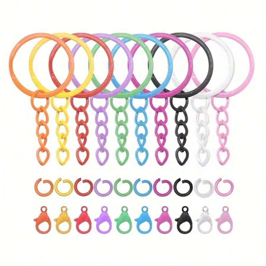 2D Flat Colorful Metal Keychain Accessories Set, Includes Flat Key Rings, Chains, Lobster Clasps And Open Jump Rings, Random Mixed Colors - Multi-color - View 1