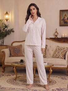 2pcs/Set Women's Loose Comfortable Breathable Long Sleeve Top + Long Pants Cute Pajama Set - Pink - View 2