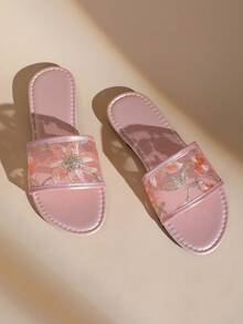 Women's Shiny Floral Lace Embroidered Flat Slide Sandals, Summer Open Toe Casual Slippers - Watermelon Pink - View 3