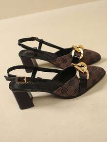 Coffee Brown Metal Chain Pointed Toe Hollow Back Chunky Heel Sandals Women Spring Autumn Vintage Commute Slingback Shoes - Coffee Brown - View 9