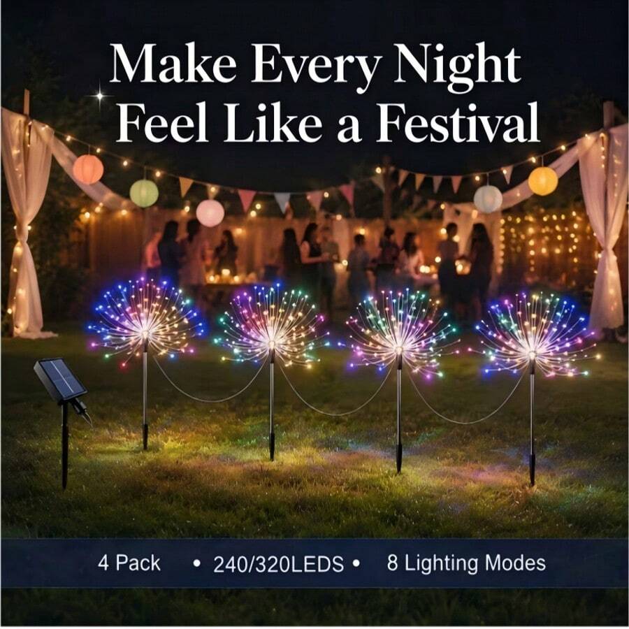 4 Packs - 320 LED Solar Outdoor Firework String Lights, 4 Packs - 240 LED / Single Pack - 90 LED, 8 Flashing Modes With Memory Function, Auto On At Night, Suitable For Parks, Paths, Courtyards, Lawns, Easter, Ramadan, Weddings And Christmas