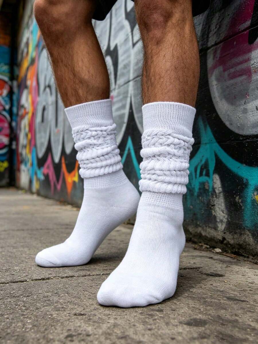 1 /5/10/20 Pairs Men's White Solid Color Thick Ribbed Slouch Socks, Vintage Cargo Style Style, Suitable For Autumn/Winter/Daily Wear/Skateboarding - Multicolor - View 1