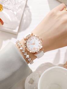 SOKI SOKI Women's Watch Set, Dial Features Fashionable Starfish Pattern With Arabic Numerals, Case Embellished With Rhinestones, PU Strap, Paired With Rhinestone Bracelet, Suitable For Daily, Holiday, Party, Ramadan, Eid, Office, Thanksgiving, Wedding, Banquet, Date, Christmas, Back To School, Halloween, Easter And Other Occasions, Perfect Gift For Women - White - View 3