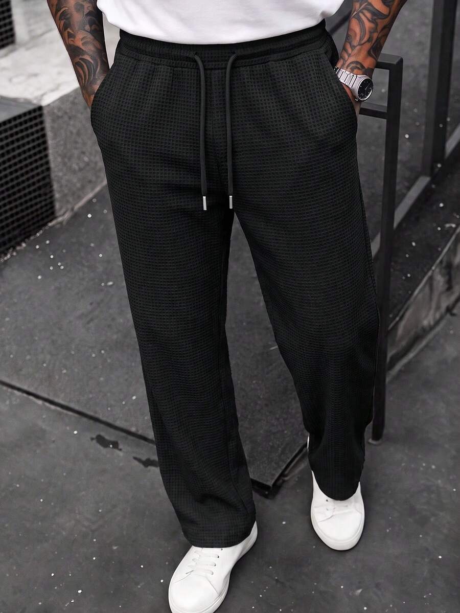 Solid Color Waffle Knit Straight Leg Sweatpants For Men With Metal Drawstring Loose Textured Casual Long Pants - Black - View 1
