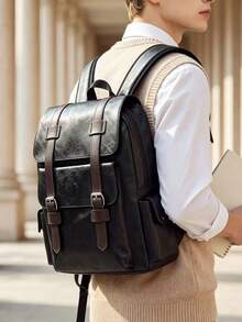 Men's Vintage Leather Backpack, Casual Business Travel Rucksack With Multiple Pockets, Classic Waterproof School Bag For Men, Professional, Laptop - Black - View 9