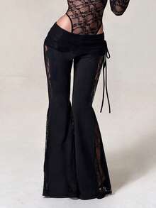 Women's Solid Color Casual Elegant Commute Minimalist Fashion Drawstring Lace Elastic Flare Leg Pants, Suitable For Daily Outings, Dating, Office Commute And Various Occasions - Black - View 10