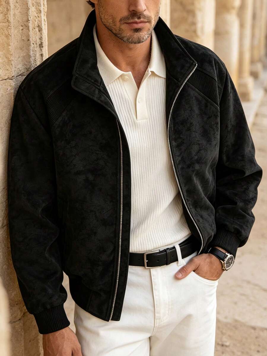 Men's Autumn/Winter Fashion Casual Faux Suede Jacket, Minimalist Versatile Lapel Jacket Outerwear - Black - View 1