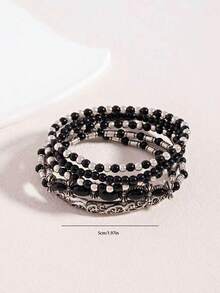 5pcs/Set New Black Beaded Bracelets, Fashion Elastic Cord Bracelet Set, Bohemian Style - Black - View 5