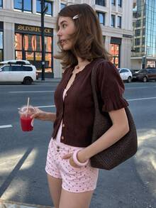 Fall/Winter Brown Short Sleeve Cardigan, Elegant Vintage Fashion Single-Breasted Knit Top - Brown - View 9