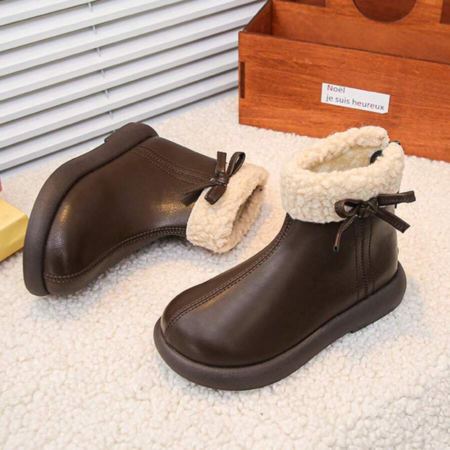 Girls' Thermal Lined Warm Ankle Boots, Thick Sole Anti-Slip Faux Fur Trim Boots, Versatile Everyday Boots For Autumn/Winter - Brown - View 1