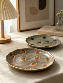Piring Keramik Vintage Motif Polkadot Emboss 3D, Piring Saji Dessert dan Salad dengan Tepi Bergelombang Asimetris Bergaya Rustik Glazed, Piring Porselen Buatan Tangan Cocok untuk Meja Makan dan Pajangan Perhiasan - MultiWarna - View 3