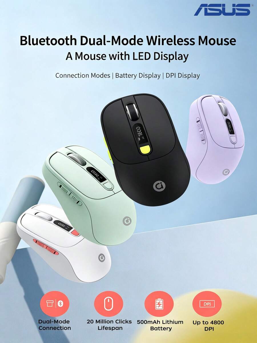 ASUS A20 Wireless Mouse, Bluetooth, 2.4G Dual-Mode Connection, LED Display For Battery And DPI, Portable Mouse For Laptop Office Use - View 1