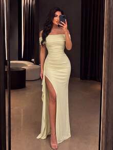 Elegant Cold Shoulder Ruched Mermaid High Slit Ruffle Train Fitted Evening Gown, Suitable For Photos, Beach Vacation, Formal Occasions - Yellow - View 5