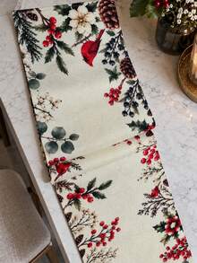 Christmas Cardinal Bird Holly Red Berry Pinecone Print Table Runner, Vintage Botanical Fabric Table Runner, Xmas Holiday Dining Table Decoration - Christmas Pine Cone Print - View 9