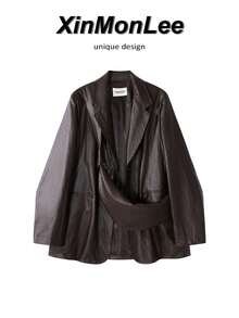 Casual Elegant Vacation Unique Blazer Lapel Leather Jacket Button-Up Jacket College Office Daily Spring Autumn - Coffee Brown - View 1