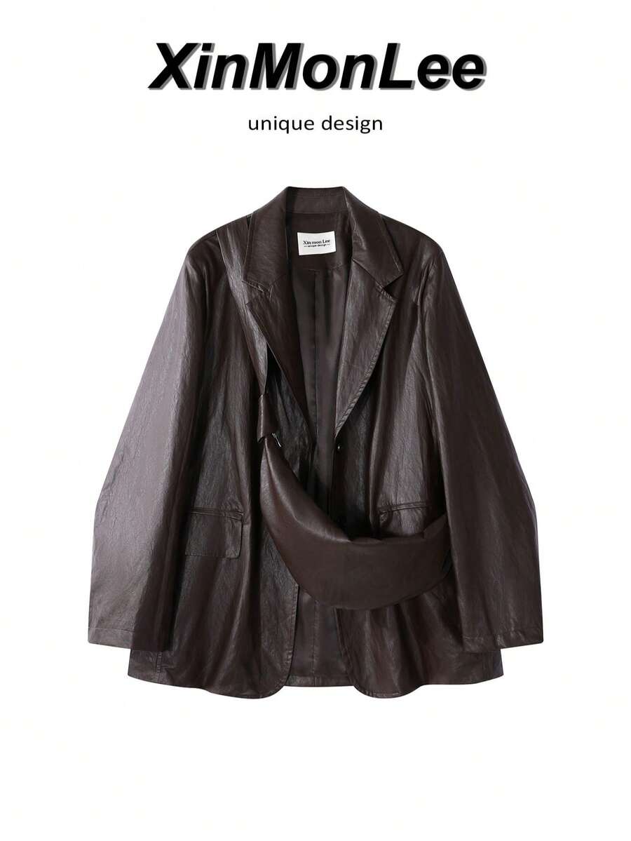 Casual Elegant Vacation Unique Blazer Lapel Leather Jacket Button-Up Jacket College Office Daily Spring Autumn - Coffee Brown - View 1
