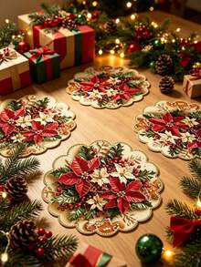 8pcs/4pcs/1pc Round Placemats, Winter Floral And Pine Cone Pattern, Suitable For Christmas Party Decoration, Theme Party, Christmas Dinner, Vintage Style Party - One Size Fits All - View 4