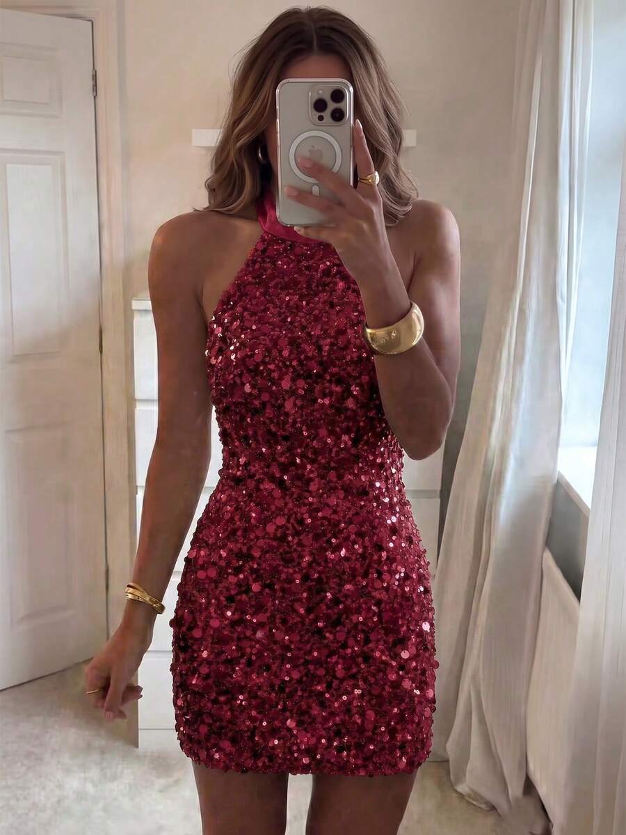Unadoll Women's Autumn Burgundy Sequin Halter Neck Backless Fitted Mini Dress Wedding Vacation Party Fall - Burgundy - View 1