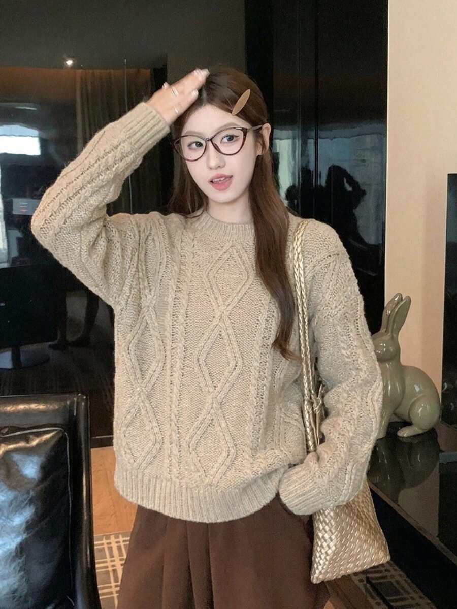 Sweater Pullover Rajut Bergaris Lengan Panjang Motif Argyle untuk Wanita, Potongan Reguler, Kain Elastis Tinggi, Mode Musim Gugur - Khaki - View 1