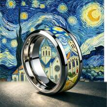 1pc 8mm Black & Silver Dual-Tone Stainless Steel Ring, Van Gogh Church & Starry Night Art Pattern, Impressionist Personalized Ring, Comfortable Fit Unisex Jewelry, Perfect Gift For Art Lovers - Multicolor - View 2