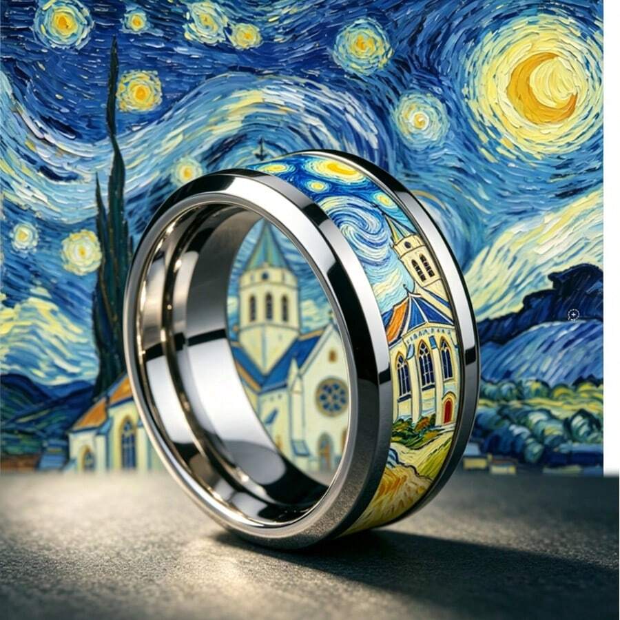 1pc 8mm Black & Silver Dual-Tone Stainless Steel Ring, Van Gogh Church & Starry Night Art Pattern, Impressionist Personalized Ring, Comfortable Fit Unisex Jewelry, Perfect Gift For Art Lovers