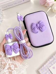 1 Set Girly Bow Protector Set, Soft Shell Anti-Drop Anti-Scratch Protective Case Extends Lifespan, Gentle Girly Ins Style Compatible With Iphone 18-20W Charger, Can Be Used As Birthday, Holiday Creative Small Gift - Purple Bow - View 2